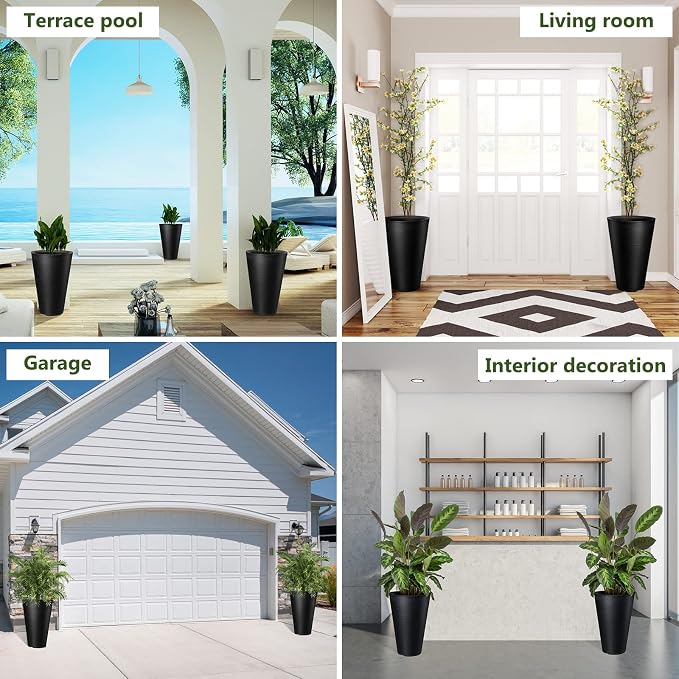 Sieral Set of 2 Tall Outdoor Planters 12 x 18 Inch Large Resin Outdoor Planters for Front Porch Flower Round Floor Decorative Indoor Pots with Drainage(Black)