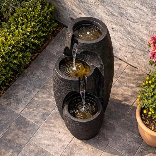 Teamson Home 3-Tier Cascading Urn Outdoor Water Fountain, Black | Cool Glow Lighting, Adjustable Flow, Electric Pump