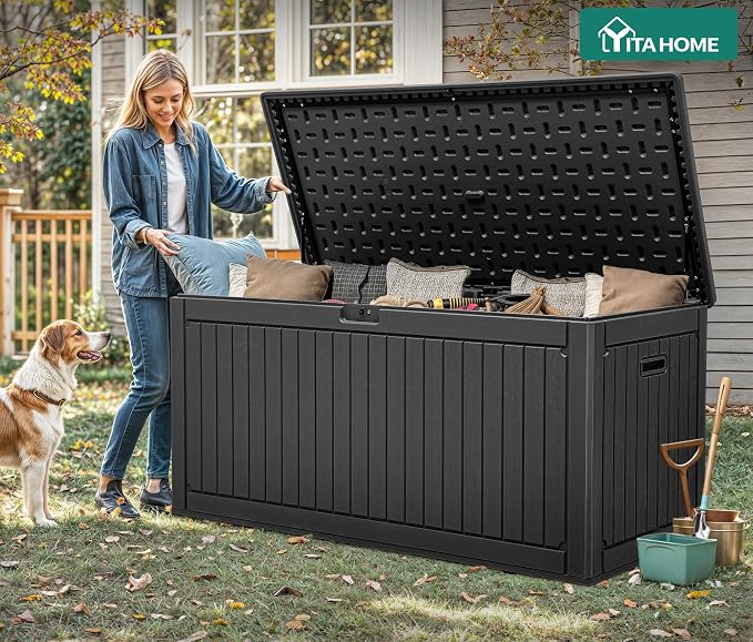 YITAHOME 320 Gallon Extra Large Deck Box | Double-Wall Resin Outdoor Storage Box with Flexible Divider for Patio Cushions Pool Supplies Garden Tools, 1000lbs Load