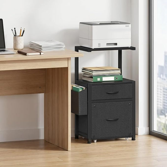 HIGDBFE 2-Drawer File Cabinet with Printer Stand & Dual Shelves, Black | 2-Tier Printer Storage, Letter File Drawer, Reversible Side Bag, Smooth Drawer Slides, Rolling Support Board