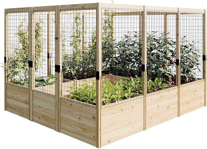 PaPaJet Wooden Raised Garden Bed for Outdoor, 1.6FT Depth Large Planter Box with Netting for Gardening, Vegetables, Flowers, Herbs(7.5× 8.9× 5.9FT)