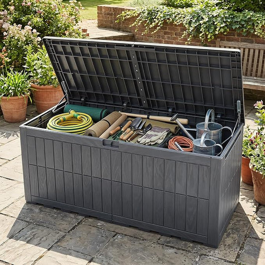 Tangkula 180 Gallon Outdoor Storage Box, Waterproof PP Resin Patio Storage Box with Lockable Lid for Indoor & Outdoor Use, 2-in-1 Rattan Design Deck Box for Cushions, Garden Tools