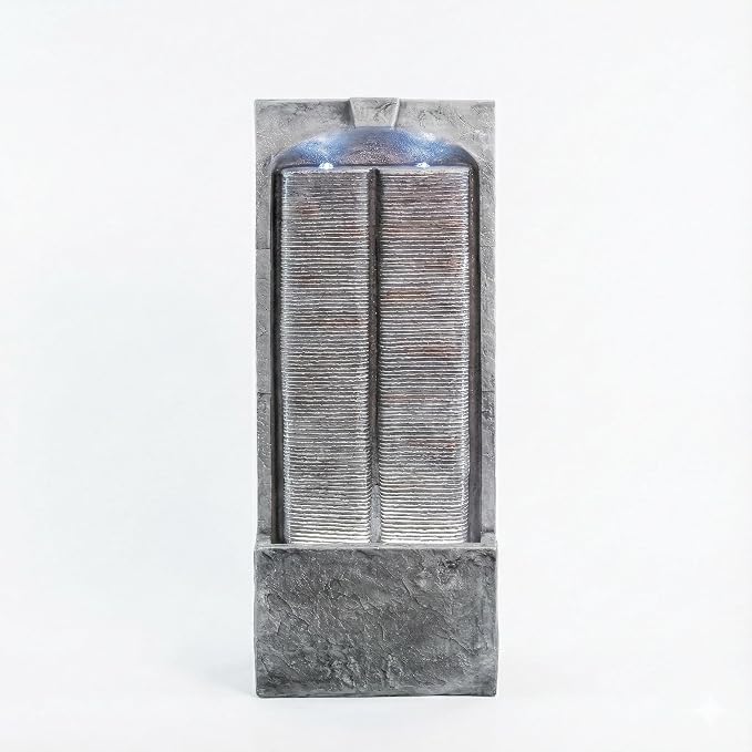 39" Outdoor Water Fountain with Quiet Pump, Outdoor Fountain with LED Lights, Weather-Resistant Outdoor Cascading Freestanding Fountain, Garden Water Feature, Slate-Style Wall, Grey
