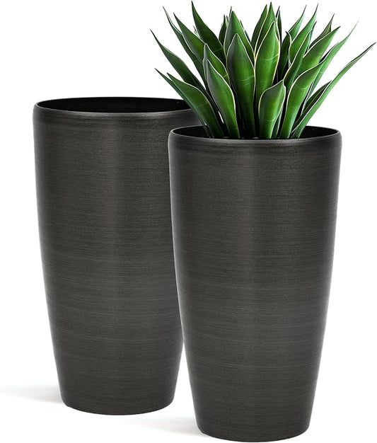 Autodaya 22.8" Tall Black Brushed Resin Planters Set of 2 | High-Density Resin Pots with Drainage Hole For Patio, Garden, Porch, Living Room, Indoor or Outdoor Use, and Gifting