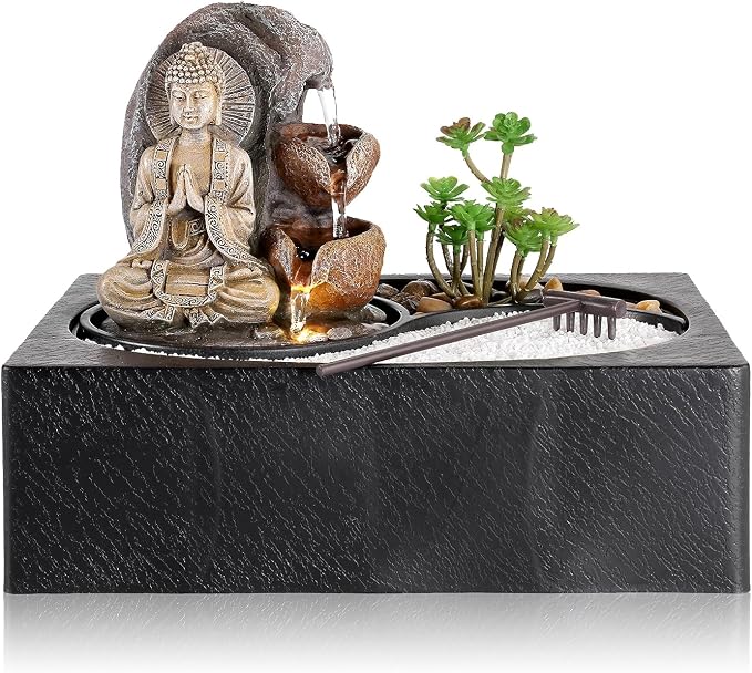 WICHEMI Waterfall Fountains Indoor Water Fountain Tabletop Fountain Zen Garden Buddha Fountain with LED Warm Light for Office Home and Bedroom Desktop Decor