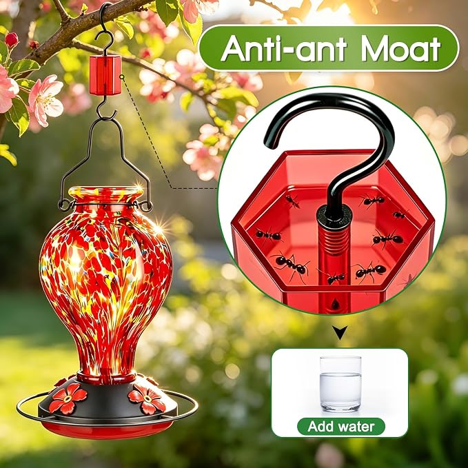 Hand Blown Glass Hummingbird Feeders for Outdoors Hanging, 24oz Wild Bird Nectar Feeder with Ant Moat and Perch, Bee-Resistant Ports, Garden Decor, Gifts for Women Mom, 1 Pack, Red Polka Dots