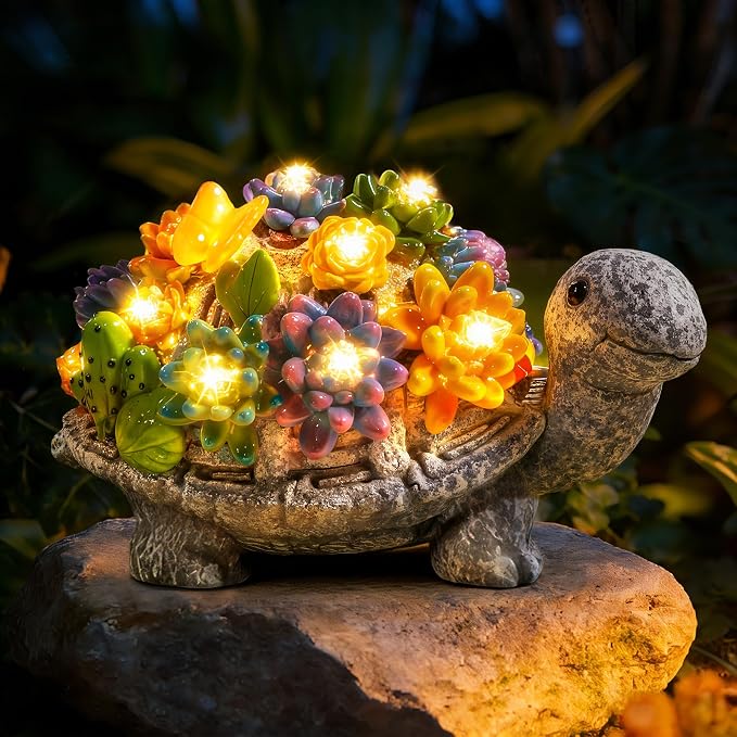 Guhope Solar Garden Statues, Outdoor Turtle Decor with Succulent and 8 LED Lights, Resin Outside Yard Figurine Decor for Garden, Yard, Lawn, Balcony, Porch, Gifts for Mom Grandma