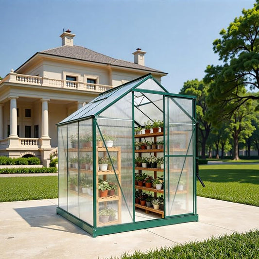 6x6 FT Greenhouse, Walk-in Polycarbonate Greenhouse, Heavy Duty Aluminum Outdoor Green House Kit with Sliding Door, Roof Vent, Rain Gutter for Backyard Garden All Season Growing, Green