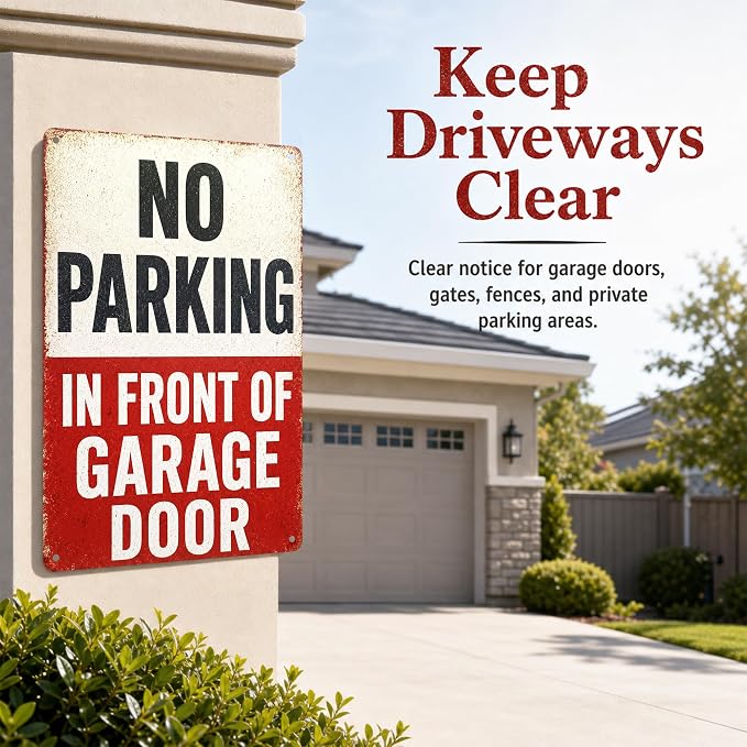No Parking In Front of Garage Door Sign 12 x 8 Inch | Vintage Driveway Notice Sign for Garage, Carport, Gate, Workshop, Home Exterior Tin Sign Aluminum Metal Wall Decor