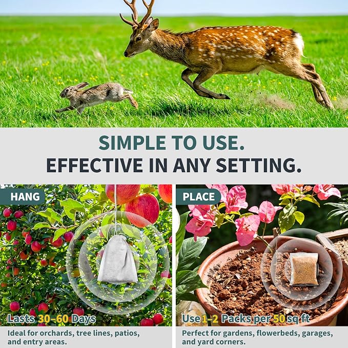 Deer & Rabbit Repellent Pouches, 10-Pack, Long-Lasting Outdoor Protection, Natural Peppermint & Garlic Oil Formula, Safe for Family & Pets, Weather-Resistant for Gardens, Lawns & Landscapes