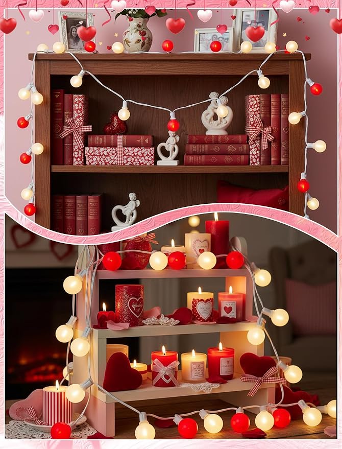 LED Valentine’s Day String Lights, 25Ft Valentines Decorations Outdoor | 25+2 G40 Round Bulbs, Connectable, Shatterproof Hanging Indoor Fairy Lights for Wedding Date Patio, Frosted Red White