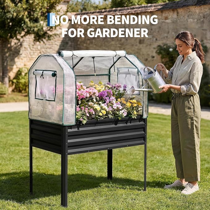 48×24×55in Large Metal Raised Garden Bed with Legs and Cover, Galvanized Oval Raised Bed Planter with Leg for Vegetables and Flowers, Build-in Spray Tube Effortless Watering | Elevated metal planter with built-in 3-spray nozzle watering system, drain t...