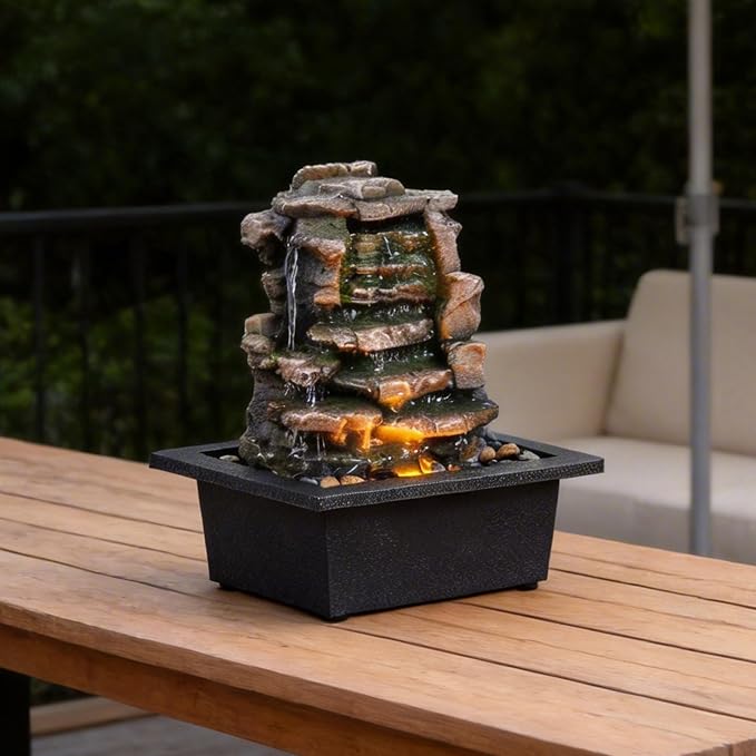 GOSSI Meditation Waterfall Fountain with LED Lights, Indoor Tabletop Water Fountain Decorated with Natural River Rocks, Office & Home Relaxation Decor, Christmas Decoration