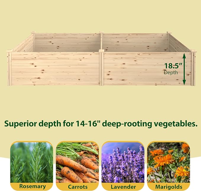 MUPATER 8x4x1.5 FT Wooden Raised Garden Bed, 43 Cubic Feet Outdoor Plant Box with Mortise & Tenon Design, Deep Raised Garden Bed for Herbs, Vegetables and Flowers, Garden, Natural Wood