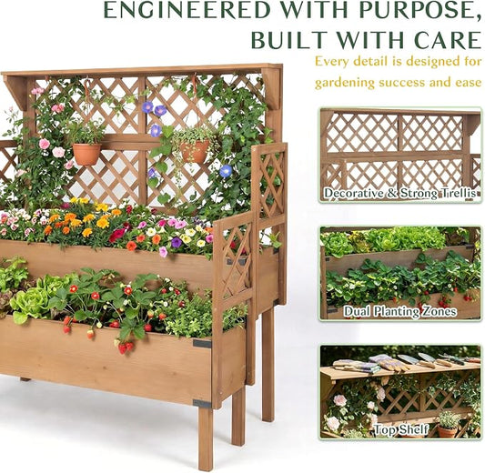 Raised Garden Bed with Trellis, 47''H Outdoor Flower Plant Stand with Two Planting Areas, Top Shelf, Liner, Elevated Garden Beds for Climbing Plants, Herb, Gift for Gardening, Brown