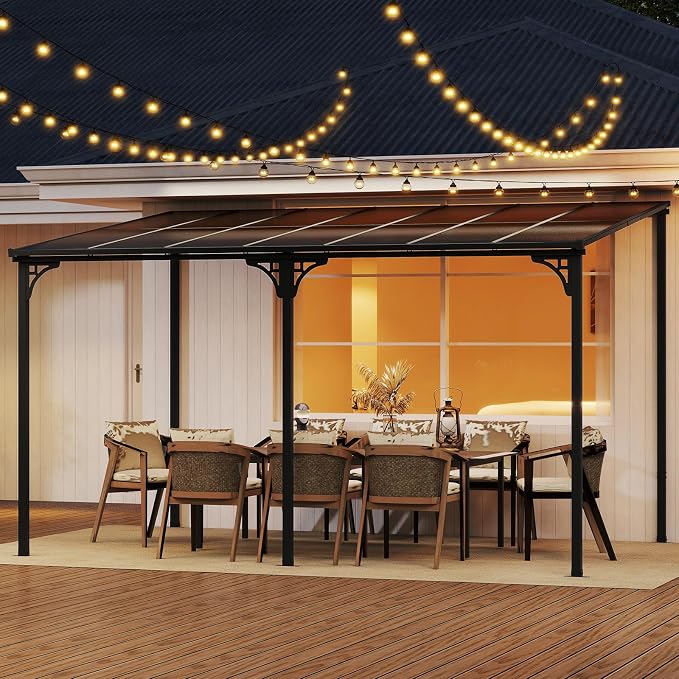 Tangkula 10x13 Ft Lean-to Wall-Mounted Gazebo, Large Hardtop Pergola with Sloped Polycarbonate Roof, Aluminum & Metal Frame, Heavy-Duty Permanent Shelter for Deck Porch Backyard (Black,10x13 FT)