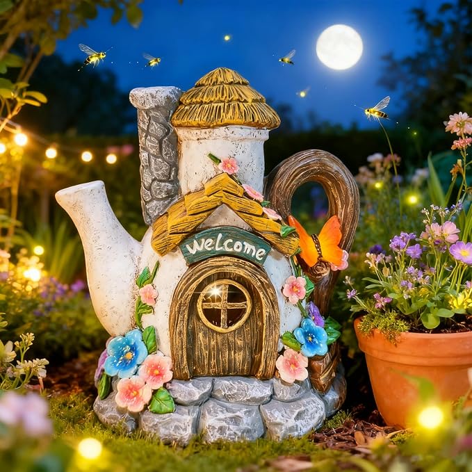 Suyorpe Fairy Garden Houses Solar Decor - Garden Statues Teapot House for Patio, Yard, Balcony Decoration, Outdoor Decor Yard Gifts for Mom Women