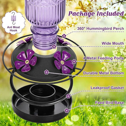 FEED GARDEN Glass Hummingbird Feeder for Outdoors Hanging, 16 oz Leak-Proof Nectar Feeder with Bee Guards & Ant Moat, 4 Metal Flower Feeding Ports, 360° Perch Ring, Easy Refill & Clean, Purple