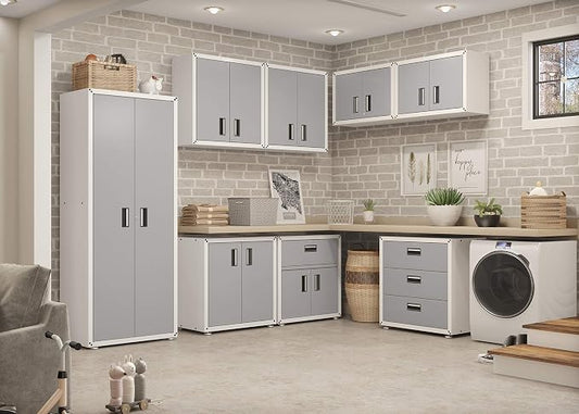 Floating Garage Storage Cabinet - Heavy-Duty Wall Mount Steel Cabinet, Lockable 2-Door Design, Removable Shelf, 44 lbs Capacity, Ready-to-Assemble Metal Garage Organizer (White and Grey)