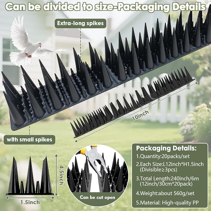 Plastic Bird Spikes Deterrent for Outside to Keep Birds Pigeon Squirrel Away from Porch Baffle Feeder Yard Patio, Fence Spikes 20pack 20Feet Bird nest blocke, Anti-Climb Spikes for Plant Garden