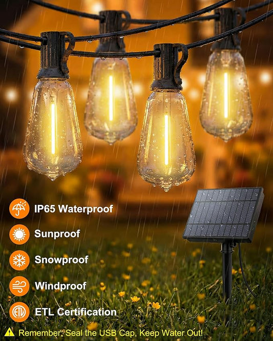 Outdoor String Lights Solar Powered, 108FT Dimmable Solar Patio Lights with Remote & 31 ST38 LED Shatterproof Bulbs, IP65 Waterproof, Dusk to Dawn Outdoor Lights for Backyard, Balcony, Party