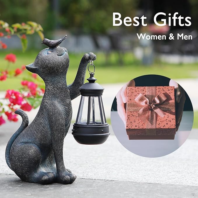 IVCOOLE Outdoor Cat Statues Solar Garden Decor : Cat Figurine with Bird Decor,Unique Garden Art for Porch Patio Balcony Yard Lawn Ornaments - Birthday Housewarming Gifts for Grandma Mom Women
