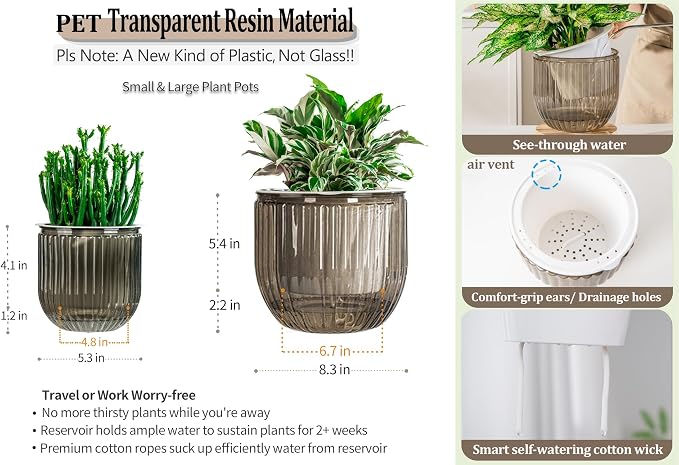 Melphoe Self Watering Pots for Indoor Plants Planter, 8.3/5.3 Inch 2 Pack Planters Self Watering Plant Pots for Flower, Houseplants, Succulent, African Violets and Cactus with Drainage