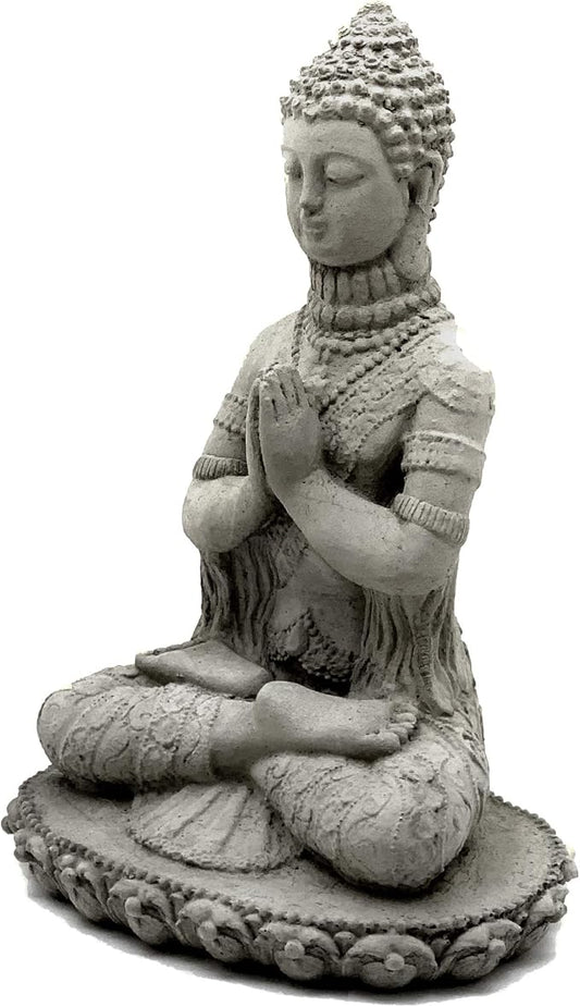 Praying Buddha Statue: Durable Solid Stone Sculpture with Aged Texture. Unique Home Décor, Garden Accent. Sealed for Outdoors. Handcrafted USA. (Antique/Gray)