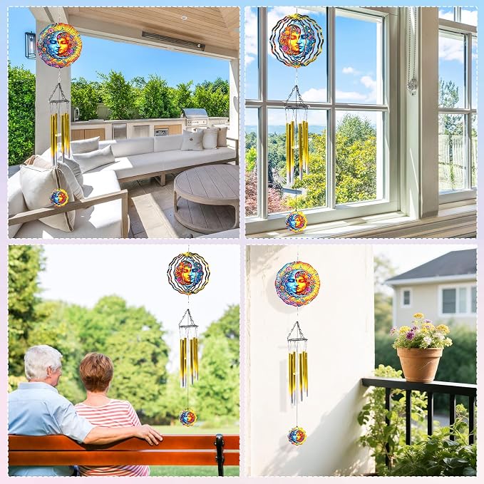 Celestial Sun Moon Wind Chime, Hanging Wind Spinner Gift for Women Mom, Stainless Steel Outdoor Garden Patio Porch Décor