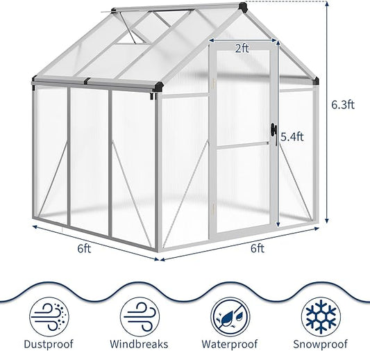 Greenhouse, 6x6 Ft Outdoor Greenhouses, Greenhouse Kit, Portablee Greenhouses with Ground Nails and Vent Windows, Sliding Lockable Door, Polycarbonate Green House for Outside Garden Backyard, White