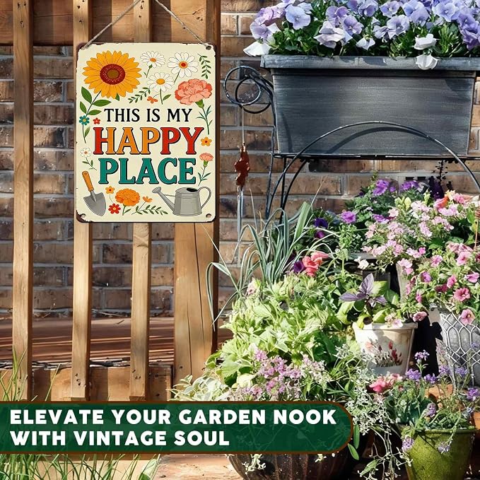 PEACHGARDEN Garden Signs This Is My Happy Place for Woman Gifts Garden Wall Decor Metal Tin Sign for Patio Yard She Shed Cabin 12x16 inch