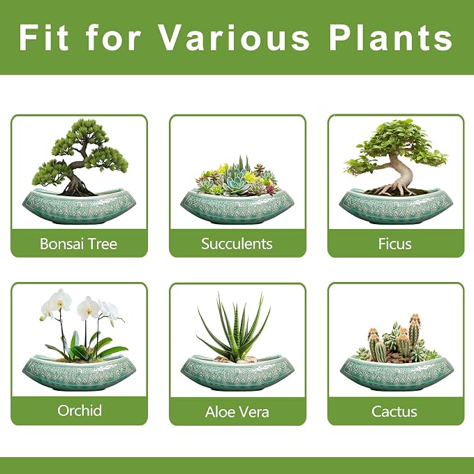 Bonsai Tree Pot - 18 Inch Ceramic Succulent Pots for Indoor Outdoor, Large Bonsai Planter with Drainage Hole, Ceramic Flower Pot, Decorative Planter, Gifts for Plant Lovers, Room Decor, Green