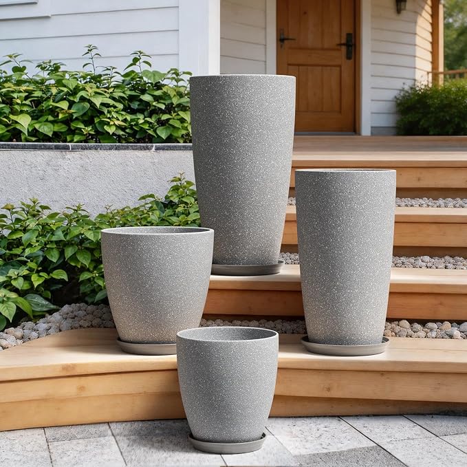ZMTECH 4 Pack Plastic Planters 21/18/12/10in, Indoor Outdoor Round Planter for Porch, Large Plant Pot with Drainage Hole for Home Garden Front Door, Modern Decorative Pots for Plants (Light Gray)