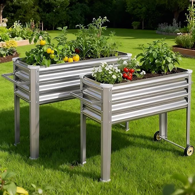 Land Guard 2 Pack Galvanized Raised Garden Bed with Legs & Wheels, 48×18×32in Metal Elevated Raised Planter Box for Backyard, Patio, Balcony, 500lb Capacity, Silver