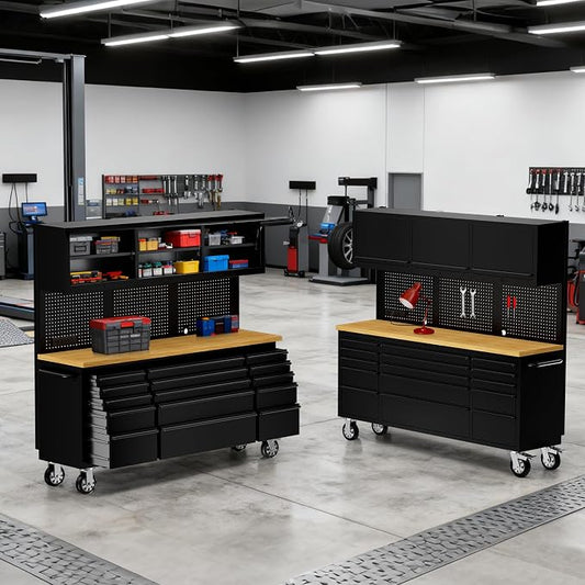 CHETTO C 72-inch Rolling Tool Chest Cabinet Mobile Workbench with 15 Storage Drawers and Wheels 3 Uper Cabinet Outlet SS Pegboard Black Tool Box for Garage 2 Pack