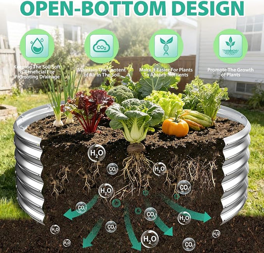 YSEJOMP 17" Tall 48" Diameter Round Raised Garden Bed Kits Outdoor Silver | Heavy Duty,Rustproof,Durable & Stylish,1.5 FT Tall,4FT Planter Bed,0.8MM Thick Galvanized Metal,with Gloves,Tool free
