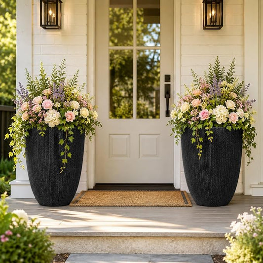 19" Black Concrete-Look Resin Tall Planters with Fluted Texture | Set of 2 resin tall planters with black fluted texture, drainage holes, and UV-resistant finish for porch or patio