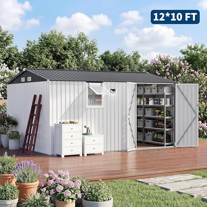 Garvee 10 x 12 FT Heavy-Duty Metal Outdoor Storage Shed with Motion Sensor Solar Light and Window,Pegboard Tool Organizer, Lockable Doors and 4 Air Vents, Garden Shed for Patio, Garage, Backyard