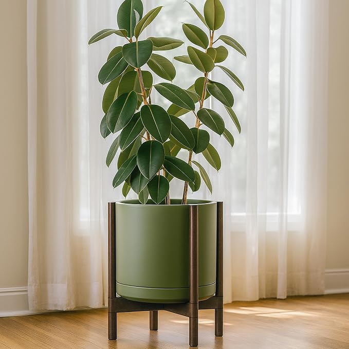 D'vine Dev Ceramic Planter with Walnut Color Stand - 14 Inch Modern Round Flower Pot with Wood Planter Holder, Olive, 55-B-T-J