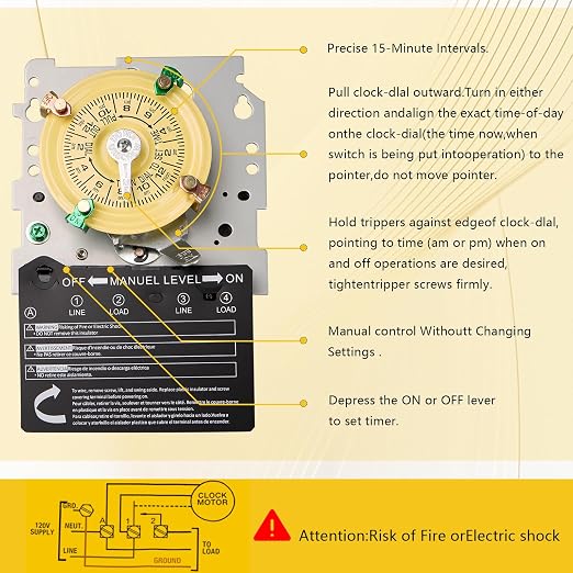 T104M Pool Timer Mechanism Only, 24-Hour Mechanical Timer Switch for Pump | 208-277V 40A 24 Hour 12 ON/Off Pool pump timer and mechanical pool timer for pumps and heaters