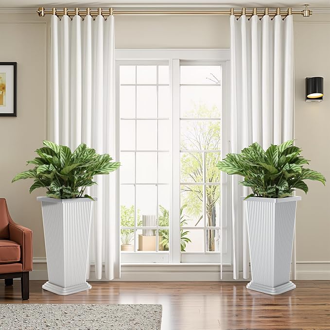 FENCY Set of 2 Tall Planters for Outdoor Plants, White Ribbed | 24 Inch, with Drainage Hole & Trays, Plastic Tapered Pots, Weather-Resistant, Front Door Decor