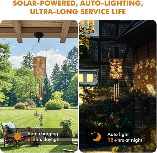 Solar Wind Chimes for Outside - Retro Metal Hanging Solar Lantern for Garden, Patio Decor, IP65 Waterproof Solar Powered Light - Perfect Birthday, for Women(Butterfly)