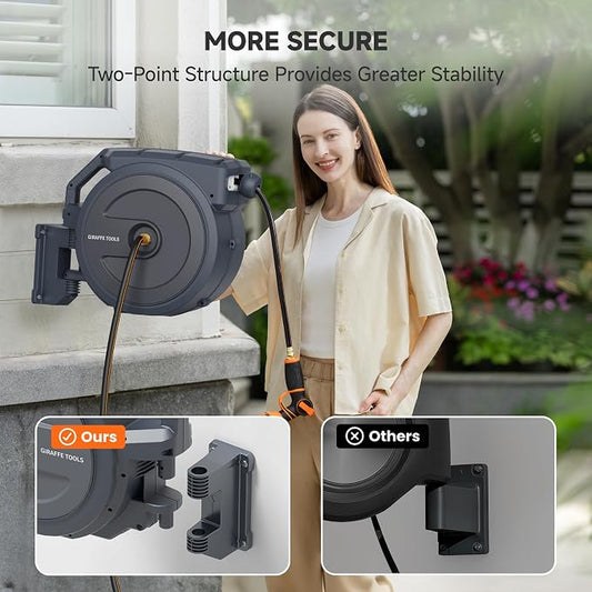 Giraffe Tools Heavy-Duty Wall-Mounted Hose Reel, 5/8" x 90 ft Retractable Hose with Automatic Rewind, 180° Swivel, Any-Length Lock & 7-Pattern Nozzle (Dark Grey)