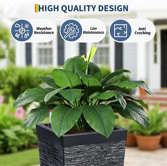 Garvee 16" Tall Planters Set of 2, Self Watering Tall Planters, Outdoor&Indoor Planter Pots, High Front Porch Planters Pots with Drainage Holes&Water Level Monitor, Black