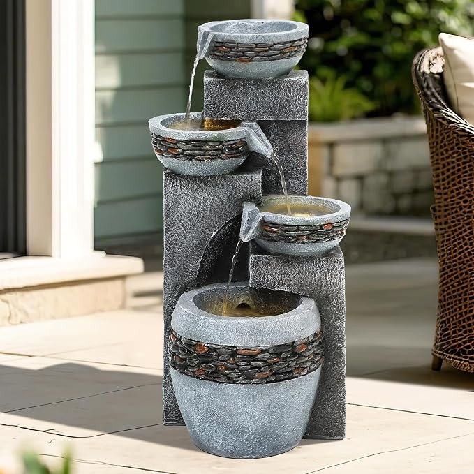 19.5" H 4-Tier Indoor & Outdoor Water Fountain with LED Lights | Resin Pebble Textured Tabletop Cascading Water Feature, Relaxing Decor for Patio, Porch, Deck, Yard & Home