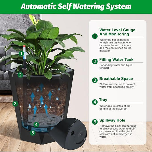 IDEALHOUSE 22.5" Tall Planters, Self-Watering Planters with Water Level Monitor and Drainage Hole, Large Outdoor Planters for Living Room, Bedroom Office, Patio, Porch, Garden, Set of 2