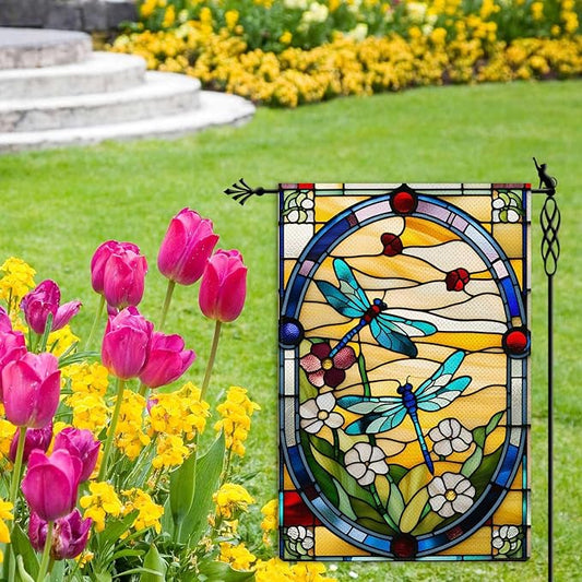 Spring Summer Dragonfly Garden Flag Stained Glass Style Floral Flowers Garden Flag Vertical Double Sided Rustic Farmland Burlap Yard Lawn Outdoor Decor 12.5x18"