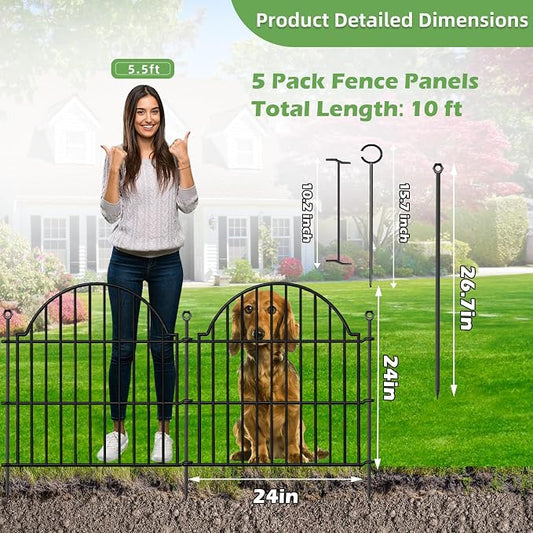 5 Panels Decorative Metal Garden Fence with Gate, 24in (H) x 10ft (L) No Dig Dog Fence Outdoor for Yard, Temporary Rustproof Metal Wire Rabbit Dog Garden Border Fencing for Patio