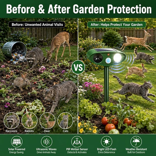 2 Pcs Upgraded Sonic Deer Repellent Devices,Solar Ultrasonic Animal Repellent Outdoor for Racoons,Squirrels,Cats,Rabbits &Foxes,Waterproof Flashing Light Motion Sensor Animal Deterrent for Garden Yard