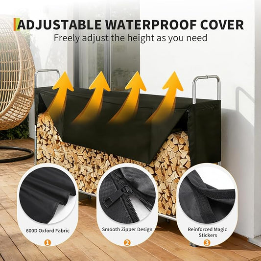 PeakPursuit 8.5FT Firewood Rack with 600d Oxford Waterproof Cover, Heavy Duty Indoor/Outdoor Steel Log Storage Rack - Wood Pile Holder Stacker Organizer for Fireplace, Patio, Fire Pit, Backyard